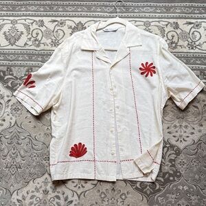 Zara White and Red Casual Button Down Shirt